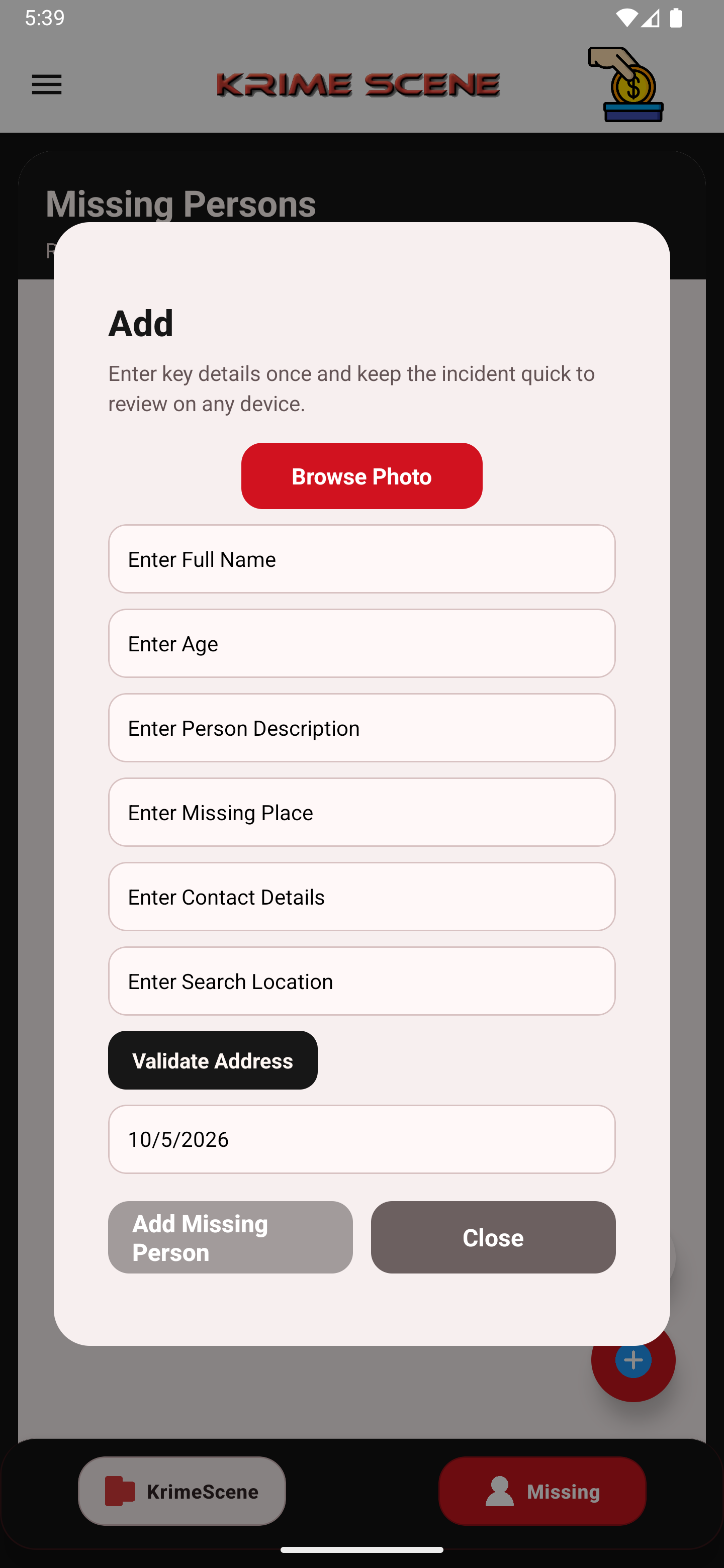 KrimeScene app screen – profile
