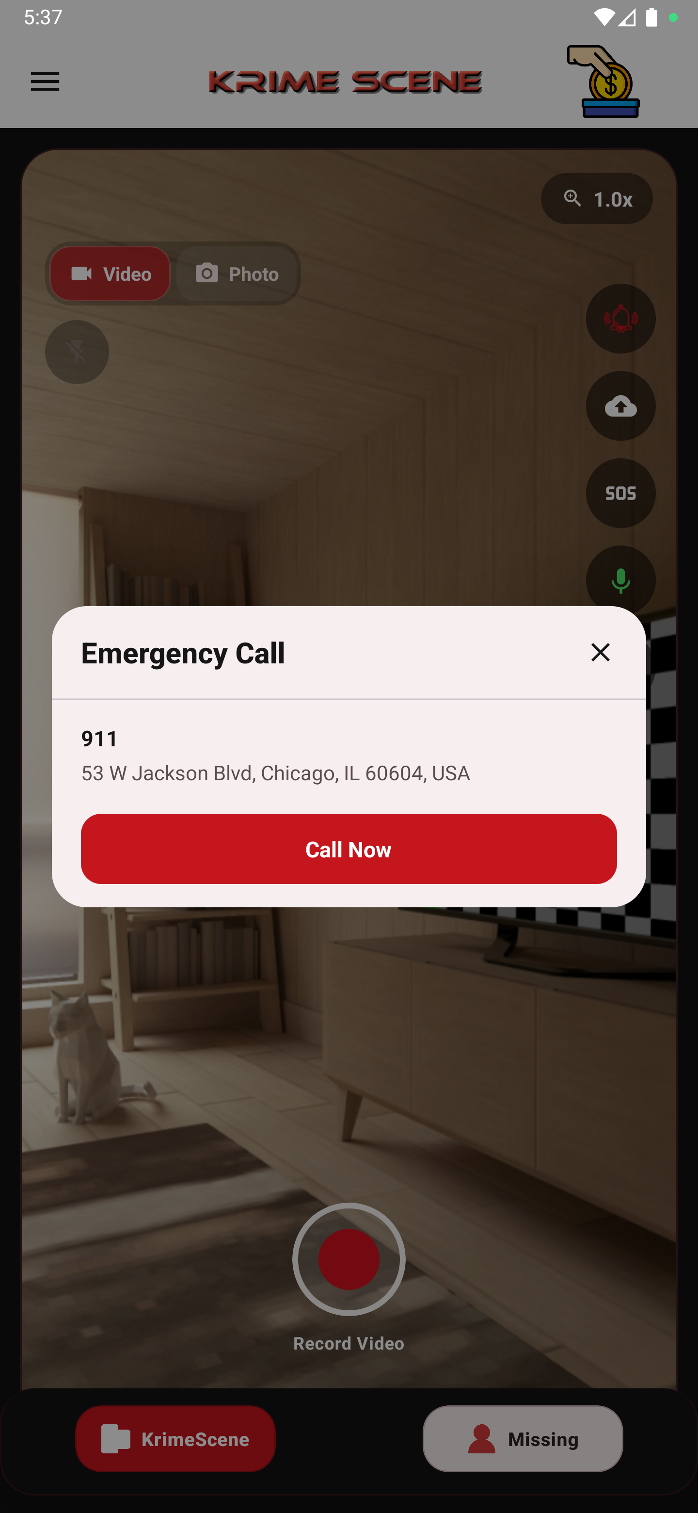 KrimeScene app screen – emergency
