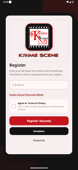 KrimeScene app screen – home